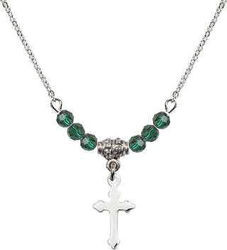 18" Rhodium Plated Necklace with 4mm Emerald Crystal Beads featuring a Sterling Silver Cross Medal.