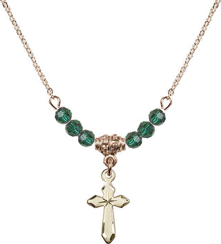 18" Hamilton Gold Plated Necklace with 4mm Emerald Crystal Beads featuring a 14kt Gold Filled Cross Medal.