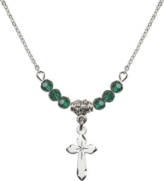 18" Rhodium Plated Necklace with 4mm Emerald Crystal Beads featuring a Sterling Silver Cross Medal.