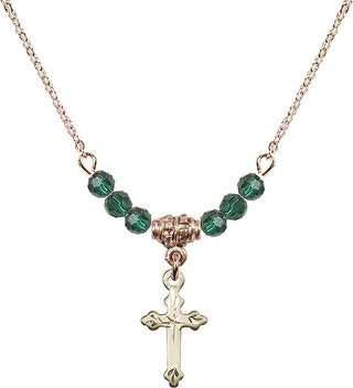 18" Hamilton Gold Plated Necklace with 4mm Emerald Crystal Beads featuring a 14kt Gold Filled Cross Medal.