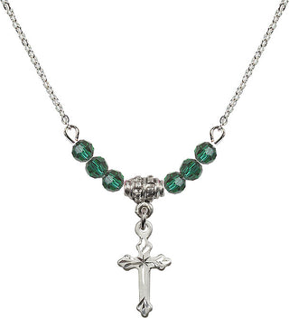 18" Rhodium Plated Necklace with 4mm Emerald Crystal Beads featuring a Sterling Silver Cross Medal.