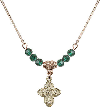 18" Hamilton Gold Plated Necklace with 4mm Emerald Crystal Beads featuring a 14kt Gold Filled 4-Way Medal.