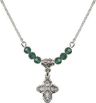 18" Rhodium Plated Necklace with 4mm Emerald Crystal Beads featuring a Sterling Silver 4-Way Medal.