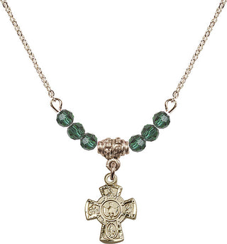 18" Hamilton Gold Plated Necklace with 4mm Emerald Crystal Beads featuring a 14kt Gold Filled 5-Way Medal.