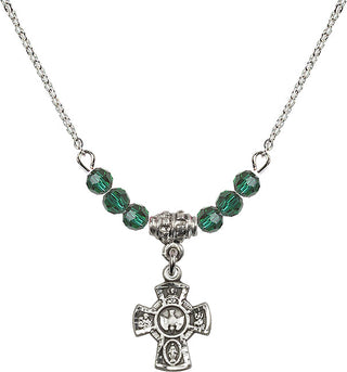 18" Rhodium Plated Necklace with 4mm Emerald Crystal Beads featuring a Sterling Silver 5-Way Medal.