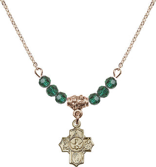 18" Hamilton Gold Plated Necklace with 4mm Emerald Crystal Beads featuring a 14kt Gold Filled 5-Way Medal.