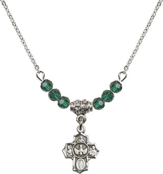 18" Rhodium Plated Necklace with 4mm Emerald Crystal Beads featuring a Sterling Silver 5-Way Medal.