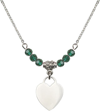 18" Rhodium Plated Necklace with 4mm Emerald Crystal Beads featuring a Sterling Silver Heart Medal. Engraved Catholic Saint Jewelry