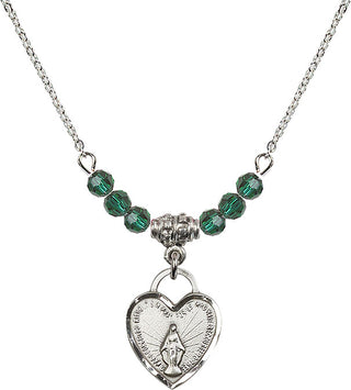 18" Rhodium Plated Necklace with 4mm Emerald Crystal Beads featuring a Sterling Silver Miraculous Heart Medal. Engraved Catholic Saint Jewelry
