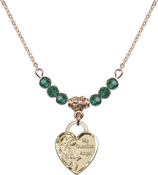18" Hamilton Gold Plated Necklace with 4mm Emerald Crystal Beads featuring a 14kt Gold Filled Guardian Angel Heart Medal. Engraved Catholic Saint Jewelry
