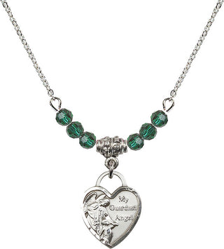 18" Rhodium Plated Necklace with 4mm Emerald Crystal Beads featuring a Sterling Silver Guardian Angel Heart Medal. Engraved Catholic Saint Jewelry