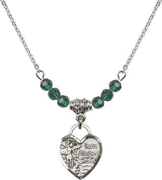 18" Rhodium Plated Necklace with 4mm Emerald Crystal Beads featuring a Sterling Silver Saint Michael Heart Medal. Engraved Catholic Saint Jewelry