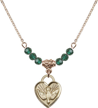 18" Hamilton Gold Plated Necklace with 4mm Emerald Crystal Beads featuring a 14kt Gold Filled Confirmation Heart Medal. Engraved Catholic Saint Jewelry