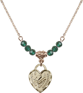 18" Hamilton Gold Plated Necklace with 4mm Emerald Crystal Beads featuring a 14kt Gold Filled Graduation Heart Medal. Engraved Catholic Saint Jewelry