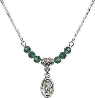 18" Rhodium Plated Necklace with 4mm Emerald Crystal Beads featuring a Sterling Silver Scapular Medal.