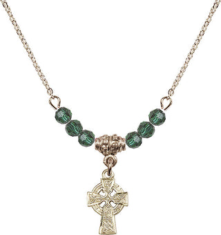 18" Hamilton Gold Plated Necklace with 4mm Emerald Crystal Beads featuring a 14kt Gold Filled Celtic Cross Medal.