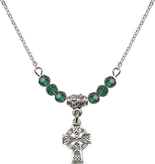 18" Rhodium Plated Necklace with 4mm Emerald Crystal Beads featuring a Sterling Silver Celtic Cross Medal.