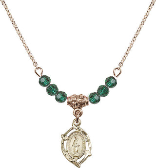 18" Hamilton Gold Plated Necklace with 4mm Emerald Crystal Beads featuring a 14kt Gold Filled Miraculous Medal.