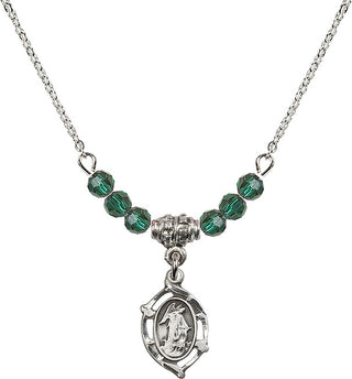 18" Rhodium Plated Necklace with 4mm Emerald Crystal Beads featuring a Sterling Silver Guardian Angel Medal.