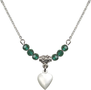 18" Rhodium Plated Necklace with 4mm Emerald Crystal Beads featuring a Sterling Silver Heart Medal.