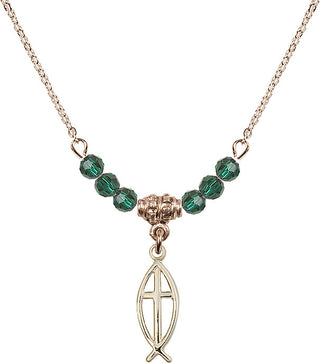 18" Hamilton Gold Plated Necklace with 4mm Emerald Crystal Beads featuring a 14kt Gold Filled Fish / Cross Medal.