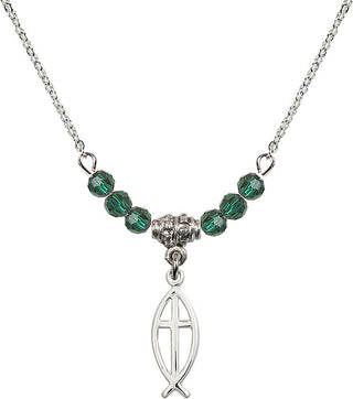 18" Rhodium Plated Necklace with 4mm Emerald Crystal Beads featuring a Sterling Silver Fish / Cross Medal.