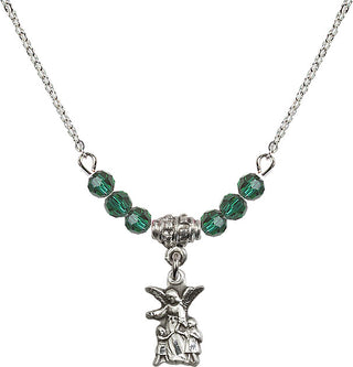 18" Rhodium Plated Necklace with 4mm Emerald Crystal Beads featuring a Sterling Silver Guardian Angel Medal.