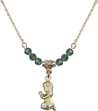 18" Hamilton Gold Plated Necklace with 4mm Emerald Crystal Beads featuring a 14kt Gold Filled Praying Girl Medal.