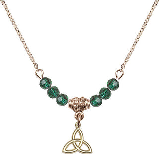 18" Hamilton Gold Plated Necklace with 4mm Emerald Crystal Beads featuring a 14kt Gold Filled Trinity Irish Knot Medal.