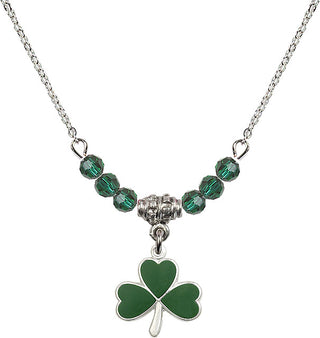 18" Rhodium Plated Necklace with 4mm Emerald Crystal Beads featuring a Sterling Silver Shamrock Medal.