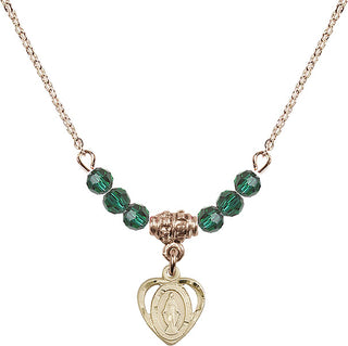 18" Hamilton Gold Plated Necklace with 4mm Emerald Crystal Beads featuring a 14kt Gold Filled Miraculous Medal.