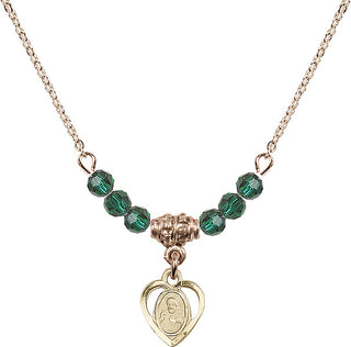 18" Hamilton Gold Plated Necklace with 4mm Emerald Crystal Beads featuring a 14kt Gold Filled Scapular Medal.