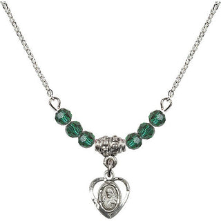 18" Rhodium Plated Necklace with 4mm Emerald Crystal Beads featuring a Sterling Silver Scapular Medal.