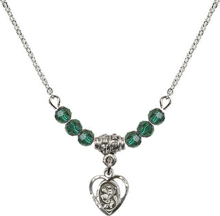 18" Rhodium Plated Necklace with 4mm Emerald Crystal Beads featuring a Sterling Silver Saint Christopher Medal. Engraved Catholic Saint Jewelry