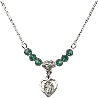 18" Rhodium Plated Necklace with 4mm Emerald Crystal Beads featuring a Sterling Silver Guardian Angel Medal. Engraved Catholic Saint Jewelry