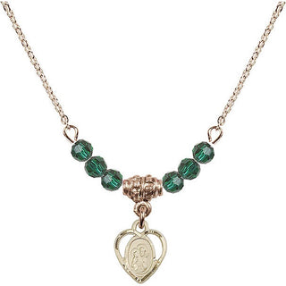 18" Hamilton Gold Plated Necklace with 4mm Emerald Crystal Beads featuring a 14kt Gold Filled Saint Ann Medal. Engraved Catholic Saint Jewelry