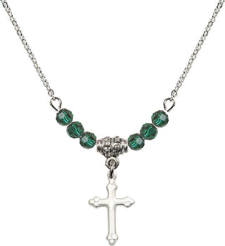 18" Rhodium Plated Necklace with 4mm Emerald Crystal Beads featuring a Sterling Silver Cross Medal.