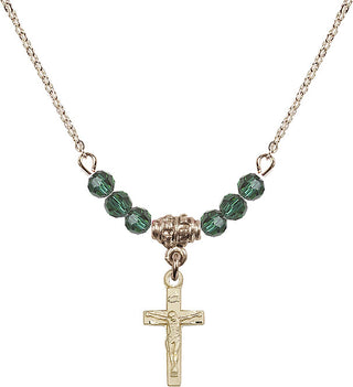 18" Hamilton Gold Plated Necklace with 4mm Emerald Crystal Beads featuring a 14kt Gold Filled Crucifix Medal.