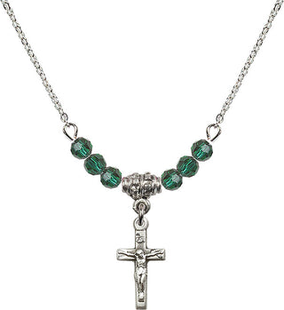 18" Rhodium Plated Necklace with 4mm Emerald Crystal Beads featuring a Sterling Silver Crucifix Medal.