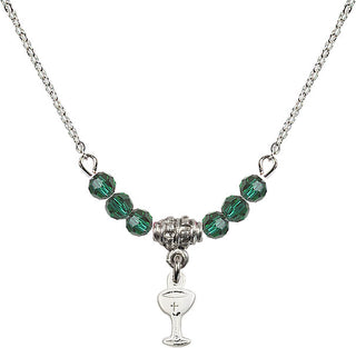 18" Rhodium Plated Necklace with 4mm Emerald Crystal Beads featuring a Sterling Silver Chalice Medal.