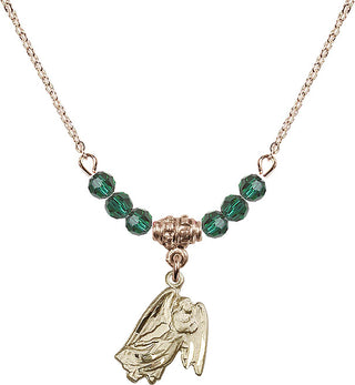 18" Hamilton Gold Plated Necklace with 4mm Emerald Crystal Beads featuring a 14kt Gold Filled Guardian Angel Medal.