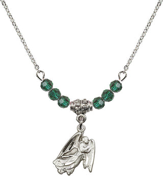 18" Rhodium Plated Necklace with 4mm Emerald Crystal Beads featuring a Sterling Silver Guardian Angel Medal.