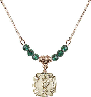 18" Hamilton Gold Plated Necklace with 4mm Emerald Crystal Beads featuring a 14kt Gold Filled Saint Florian Medal. Engraved Catholic Saint Jewelry