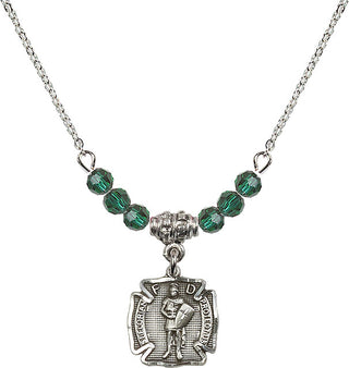 18" Rhodium Plated Necklace with 4mm Emerald Crystal Beads featuring a Sterling Silver Saint Florian Medal. Engraved Catholic Saint Jewelry