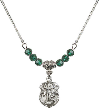 18" Rhodium Plated Necklace with 4mm Emerald Crystal Beads featuring a Sterling Silver Saint Michael the Archangel Medal. Engraved Catholic Saint Jewelry