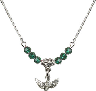 18" Rhodium Plated Necklace with 4mm Emerald Crystal Beads featuring a Sterling Silver Holy Spirit Medal.