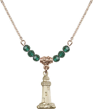 18" Hamilton Gold Plated Necklace with 4mm Emerald Crystal Beads featuring a 14kt Gold Filled Lighthouse Medal.