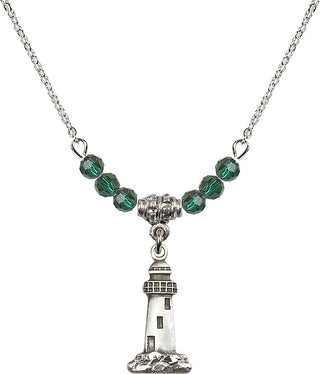 18" Rhodium Plated Necklace with 4mm Emerald Crystal Beads featuring a Sterling Silver Lighthouse Medal.