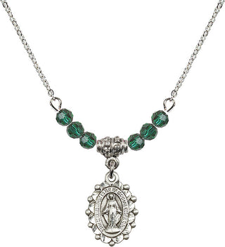18" Rhodium Plated Necklace with 4mm Emerald Crystal Beads featuring a Sterling Silver Miraculous Medal.