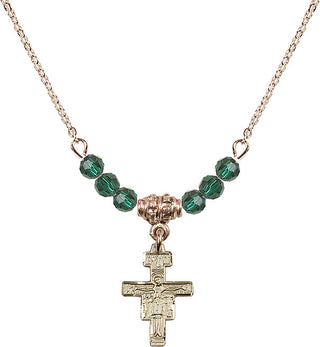 18" Hamilton Gold Plated Necklace with 4mm Emerald Crystal Beads featuring a 14kt Gold Filled San Damiano Crucifix Medal.